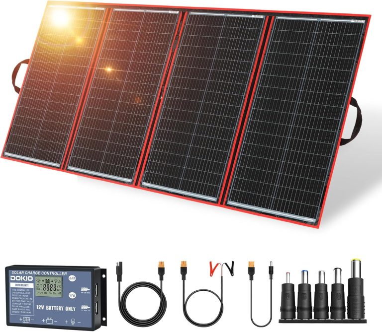 Amazon.com: DOKIO 300W Foldable Solar Panel Kit for 12V Batteries & Power Stations, 15.2lb Monocrystalline Charger with PWM Controller, Dual USB, 9.85ft Cable, Folds to 19.3×37.4in for RV Camping : Patio, Lawn & Garden