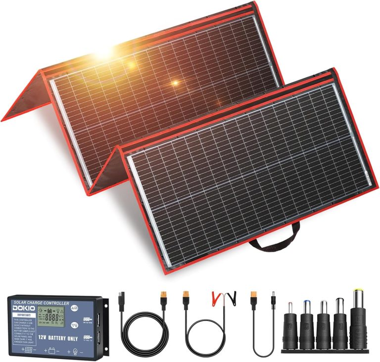 Amazon.com : DOKIO 300W Portable Foldable Solar Panel Kit, Compact 19.3×37.4in Design 15.2lb with Standalone Controller and USB, Monocrystalline Charger for 12V Batteries, Power Stations, RV Camping Emergency Use : Patio, Lawn & Garden